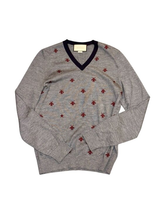 Gucci Other - Gucci Gray Bee Embroidered V-Neck Wool Sweater, Small
